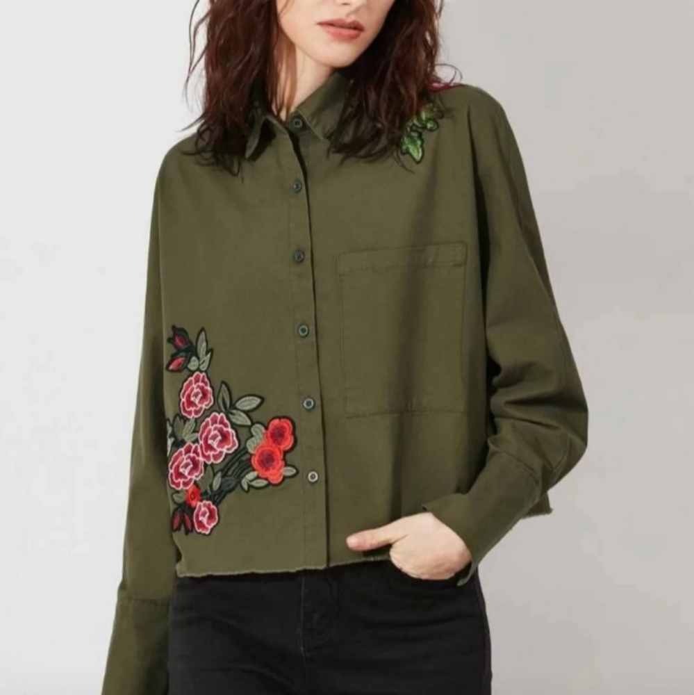 Olive embroidered raw hem denim blouse